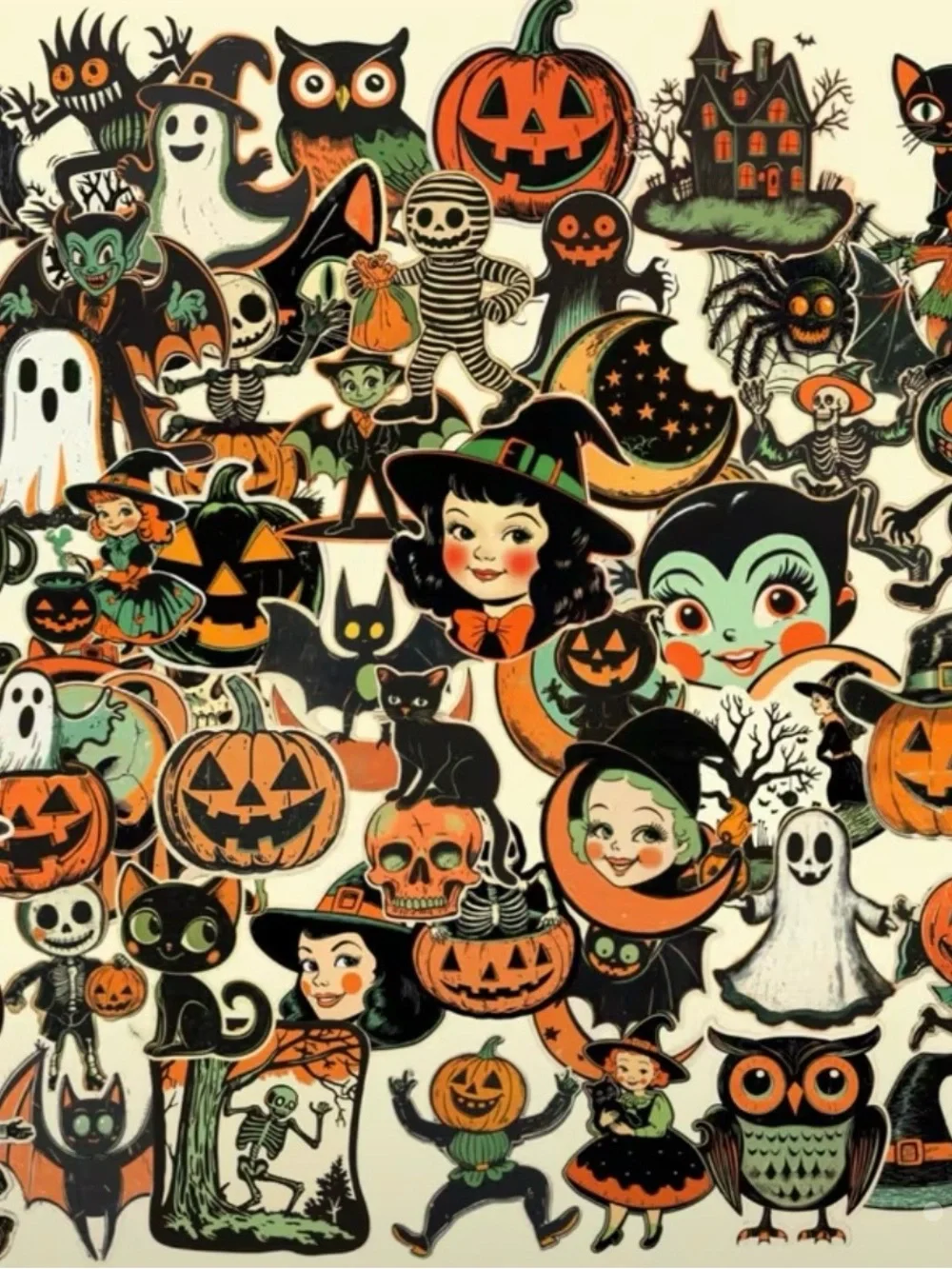 64 Vintage Halloween Stickers - Orange, Black & Green Kids Pumpkin Ghost Owl Cat